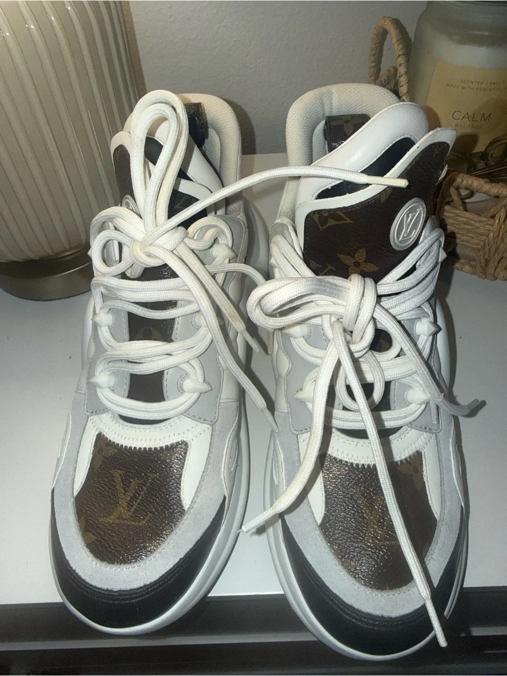 Louis Vuitton White, Brown & Black Kids Logo Panel Sneakers